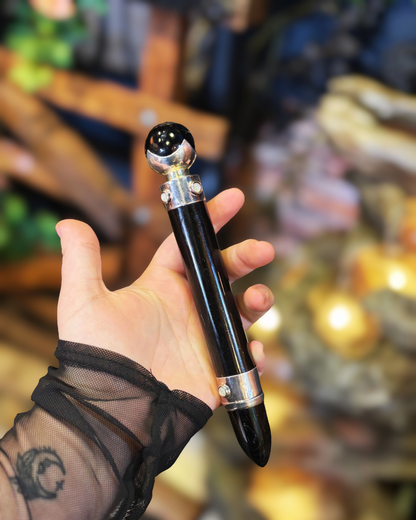 Black Obsidian, Moonstone &amp; Sterling Silver Wand