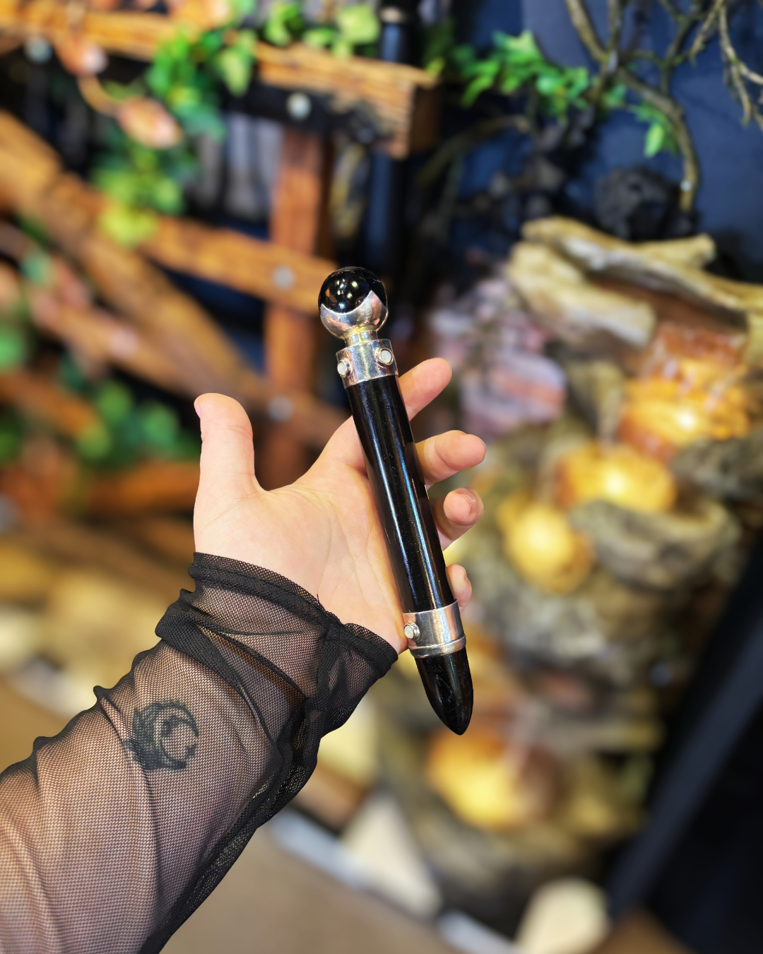 Black Obsidian, Moonstone &amp; Sterling Silver Wand